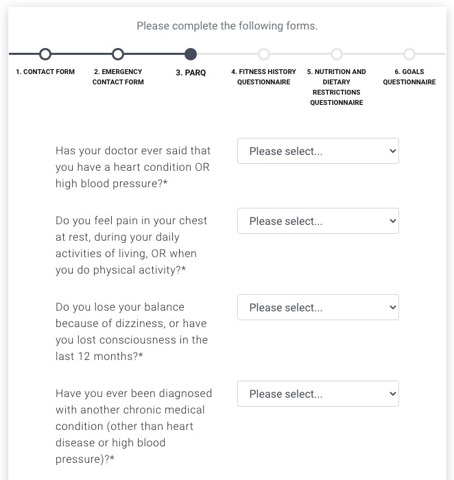 Personal training questionnaire for clients TeamUp